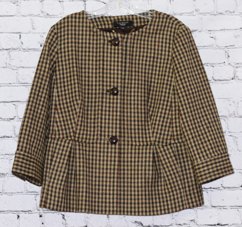 TALBOTS Designer Peplum Houndstooth Plaid Equestrian Style Blazer Jacket 12P